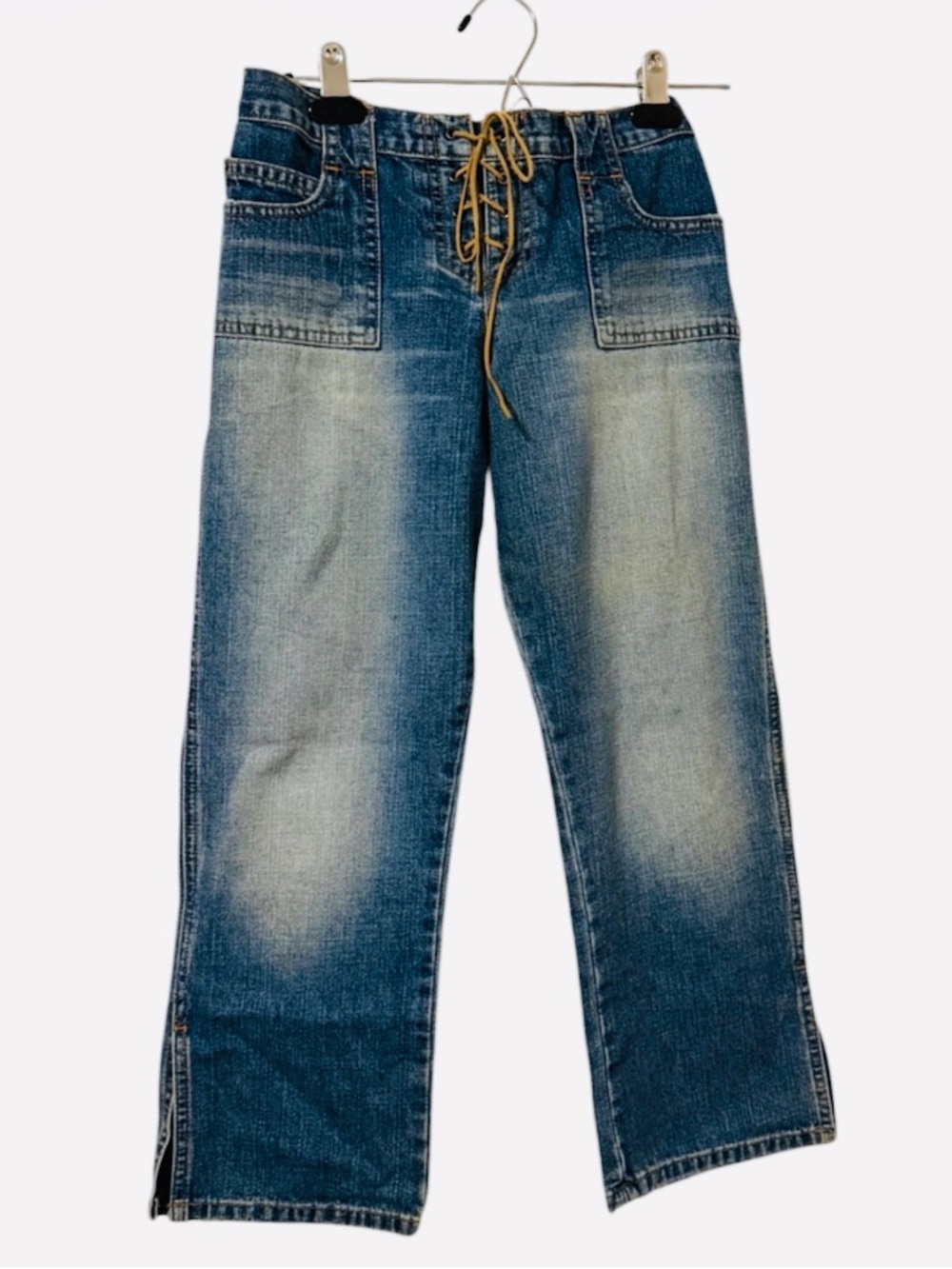 NWOT VTG ABERCROMBIE Cropped Wide Leg Y2K Low Rise Leather Lace-Up Denim Jeans⭐️